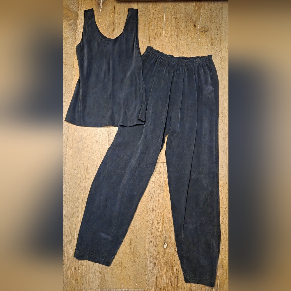 LEA Sueded Rayon Set Tank Top Pull On Pants Black Boho M L